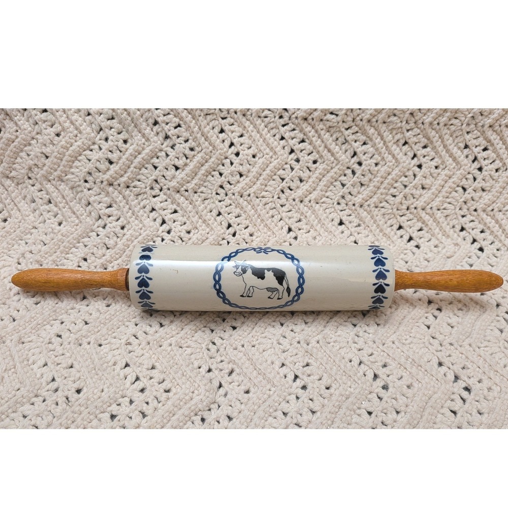 Vintage Farmhouse Stoneware Rolling Pin Blue Cow Heart Pattern Wooden Handles
